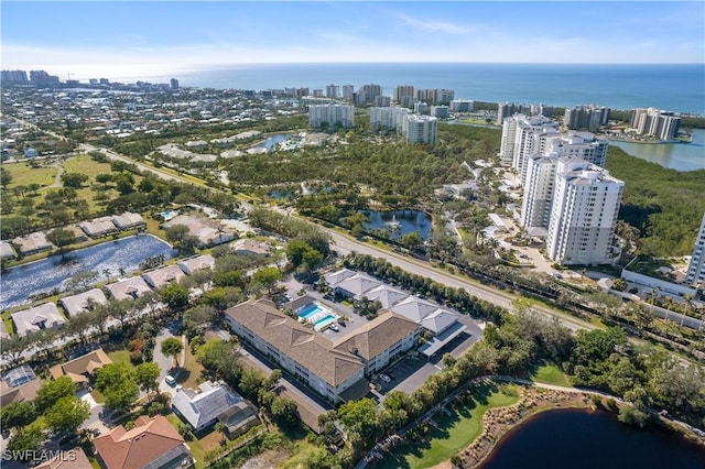 drone / aerial view with a water view