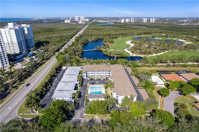 drone / aerial view featuring a water view