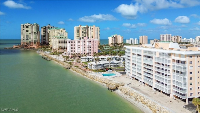 bird's eye view featuring a water view and a beach view