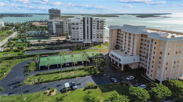 drone / aerial view with a water view