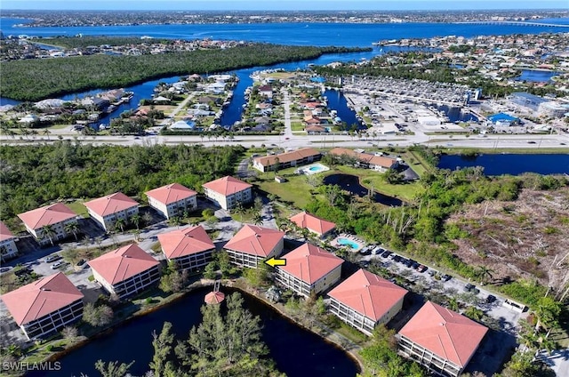 aerial view featuring a water view