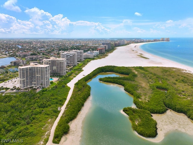 drone / aerial view with a water view and a view of the beach