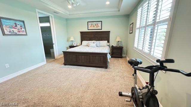 bedroom with a raised ceiling, light carpet, and multiple windows