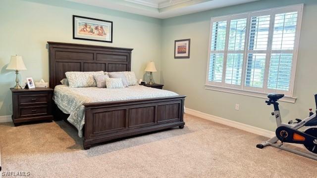 carpeted bedroom with crown molding and a tray ceiling