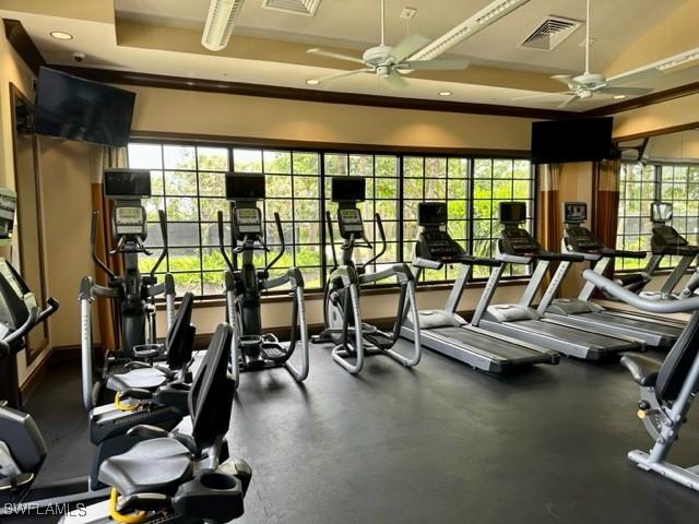 exercise room featuring ceiling fan and ornamental molding