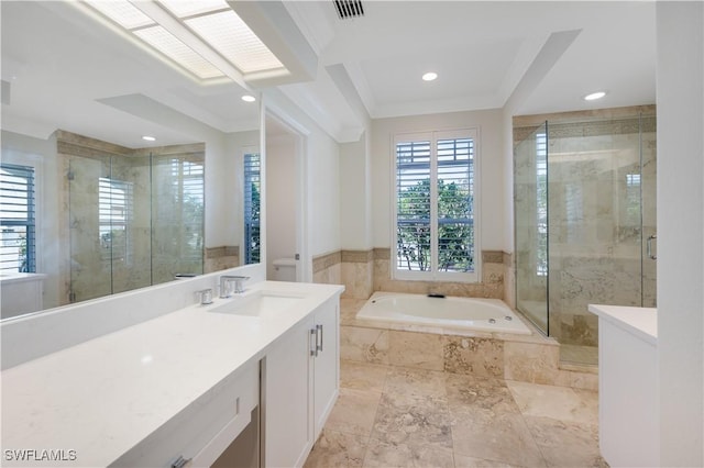 bathroom featuring vanity, independent shower and bath, and crown molding