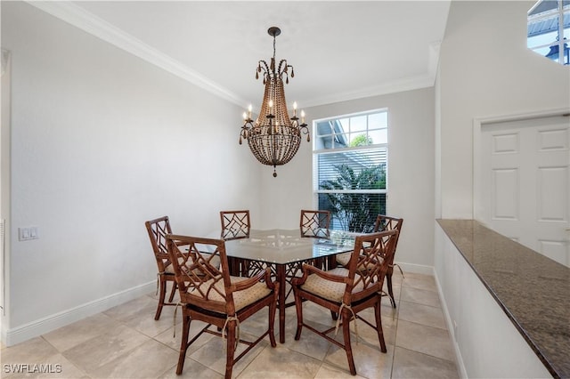 tiled dining space with crown molding and a chandelier