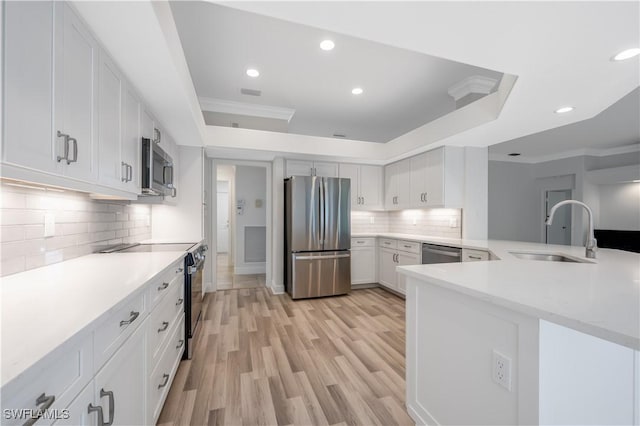 kitchen with white cabinetry, sink, kitchen peninsula, appliances with stainless steel finishes, and light wood-type flooring