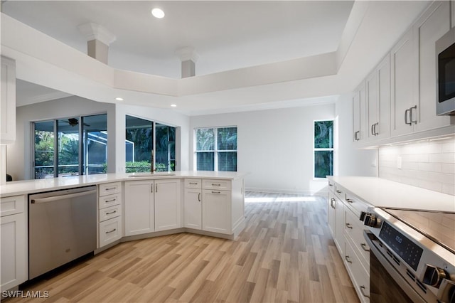 kitchen with white cabinetry, stainless steel appliances, tasteful backsplash, plenty of natural light, and light hardwood / wood-style floors