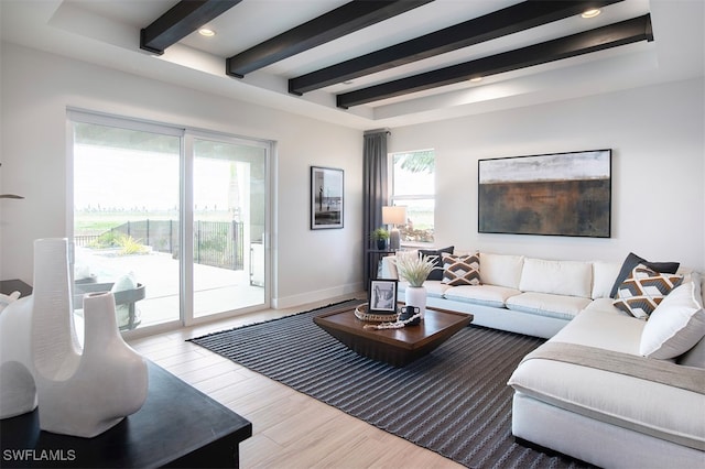 living room with hardwood / wood-style flooring and beam ceiling