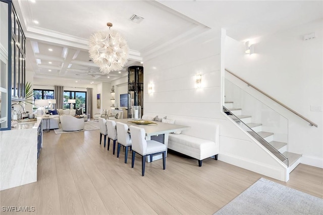 dining space featuring coffered ceiling, sink, a chandelier, light hardwood / wood-style flooring, and beam ceiling