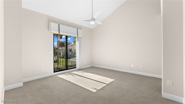 unfurnished room featuring ceiling fan, light carpet, and high vaulted ceiling