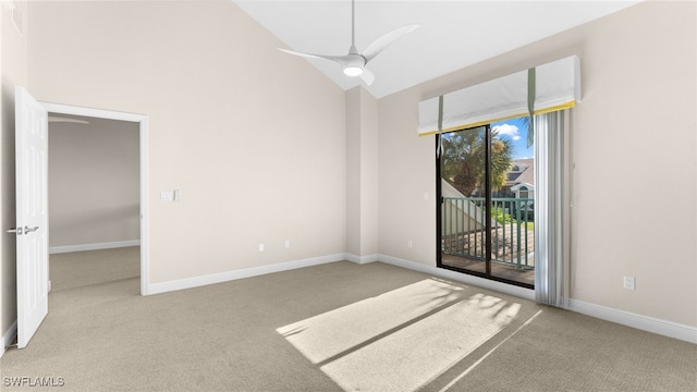 unfurnished room featuring ceiling fan, lofted ceiling, and light carpet