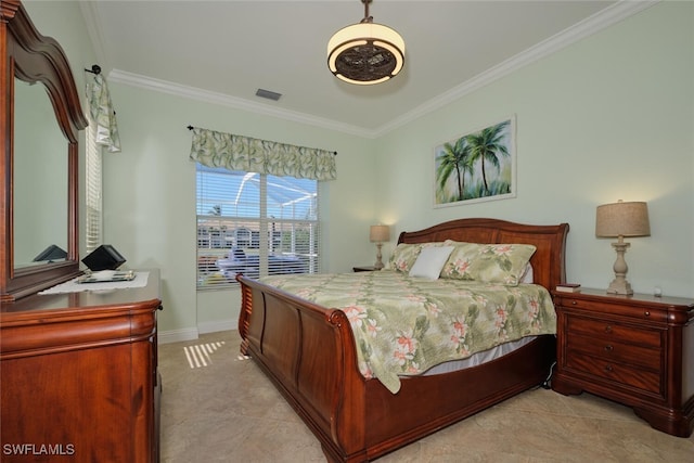 tiled bedroom featuring crown molding