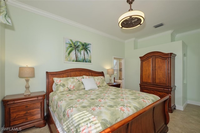 carpeted bedroom featuring crown molding