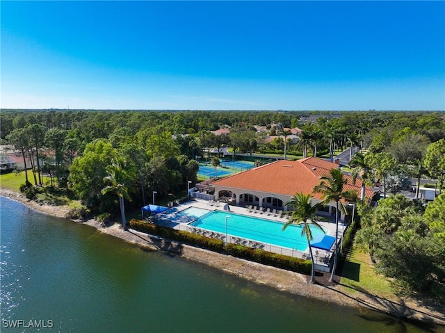 drone / aerial view featuring a water view