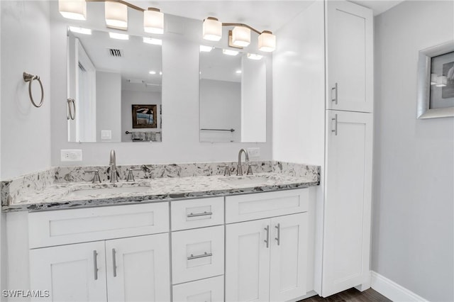 bathroom with wood-type flooring and vanity