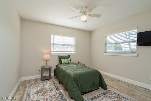 bedroom featuring ceiling fan and wood-type flooring