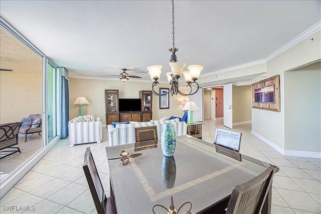 tiled dining area with ceiling fan with notable chandelier and ornamental molding