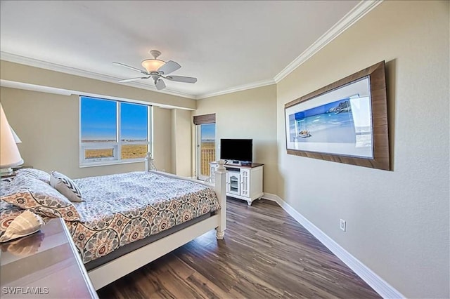 bedroom with ceiling fan, crown molding, and dark wood-type flooring