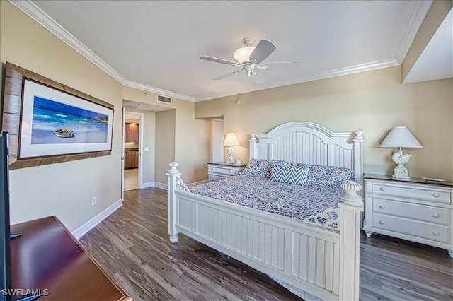 bedroom with dark hardwood / wood-style floors, ceiling fan, and ornamental molding