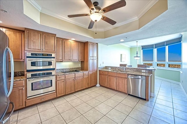 kitchen with a raised ceiling, kitchen peninsula, stainless steel appliances, and ornamental molding