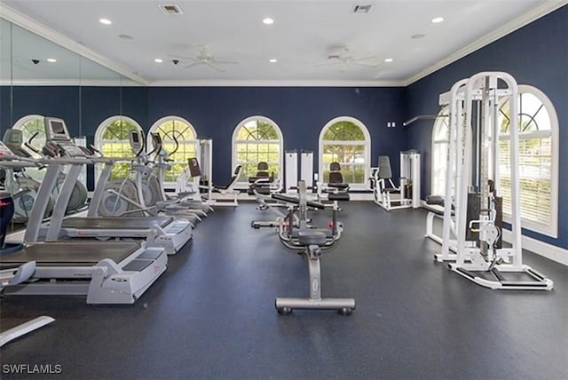 exercise room featuring ceiling fan and crown molding