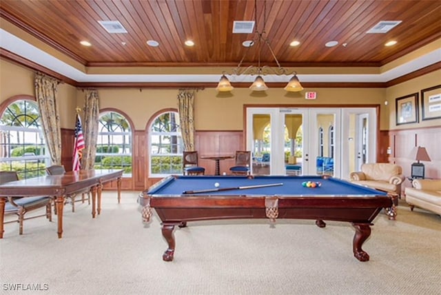 rec room with light carpet, french doors, wooden ceiling, and billiards