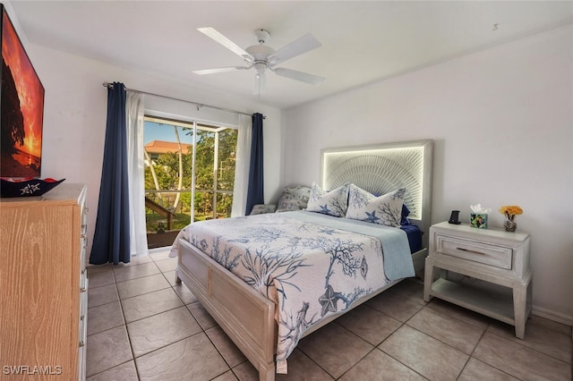 bedroom with ceiling fan, light tile patterned floors, and access to outside