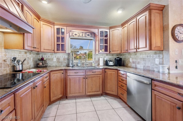 kitchen featuring sink, dishwasher, a textured ceiling, black electric stovetop, and custom range hood