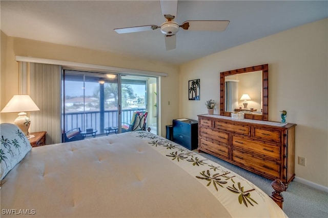carpeted bedroom featuring access to outside, baseboards, and a ceiling fan