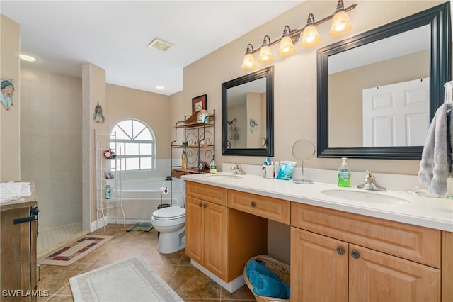 full bathroom with tile patterned floors, vanity, toilet, and plus walk in shower