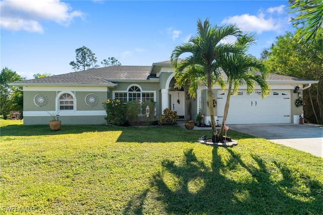 ranch-style house featuring a front lawn and a garage