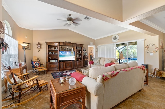 living room featuring tile patterned floors, ceiling fan, crown molding, and vaulted ceiling