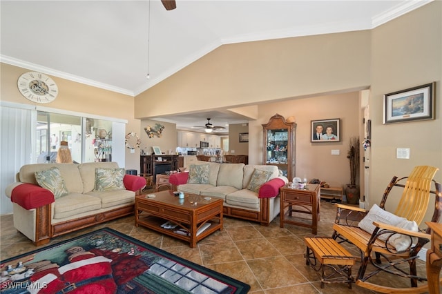 living room featuring tile patterned flooring, ceiling fan, ornamental molding, and high vaulted ceiling