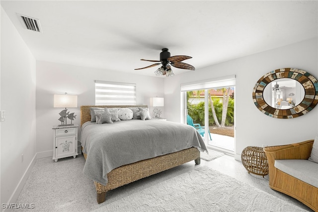 bedroom with access to exterior and ceiling fan