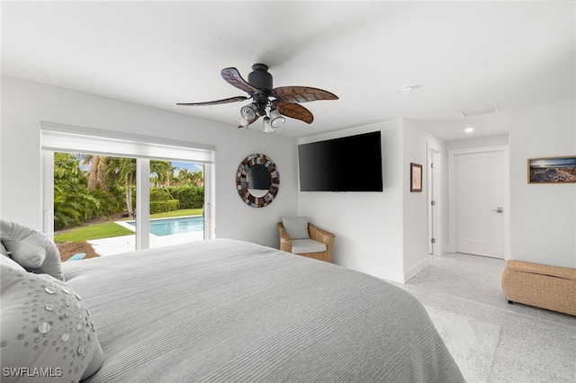 bedroom with access to exterior, light colored carpet, and ceiling fan