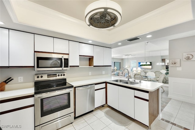 kitchen with kitchen peninsula, stainless steel appliances, sink, decorative light fixtures, and white cabinetry