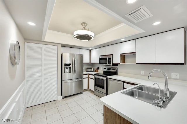 kitchen featuring appliances with stainless steel finishes, a tray ceiling, white cabinetry, and sink