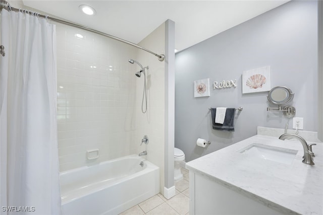 full bathroom featuring tile patterned floors, vanity, shower / tub combo, and toilet