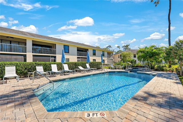 view of swimming pool featuring a patio area