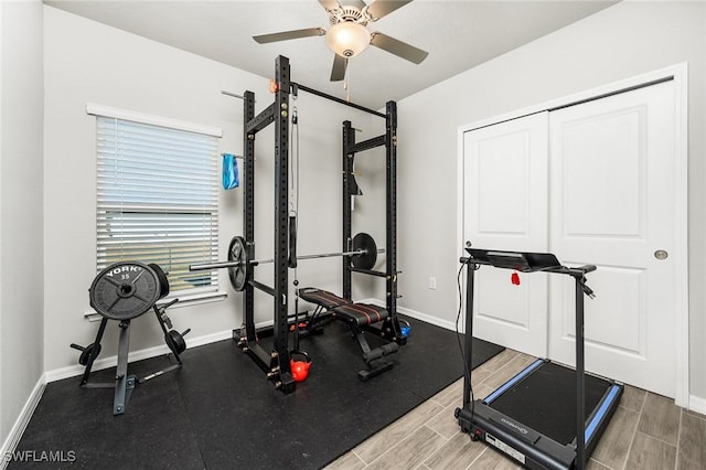 workout area with ceiling fan