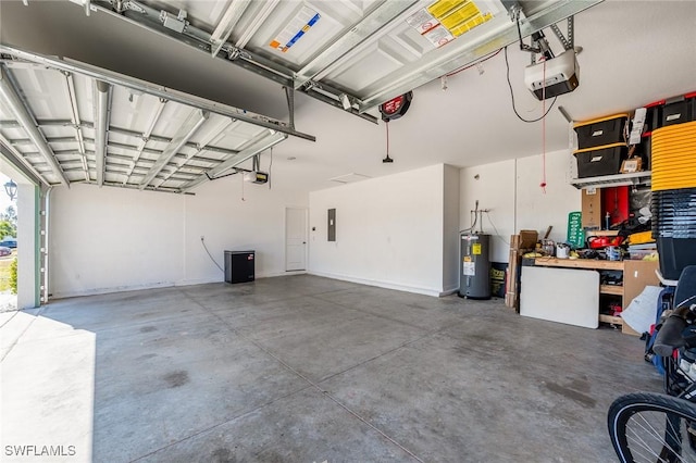 garage featuring electric panel, a garage door opener, and water heater