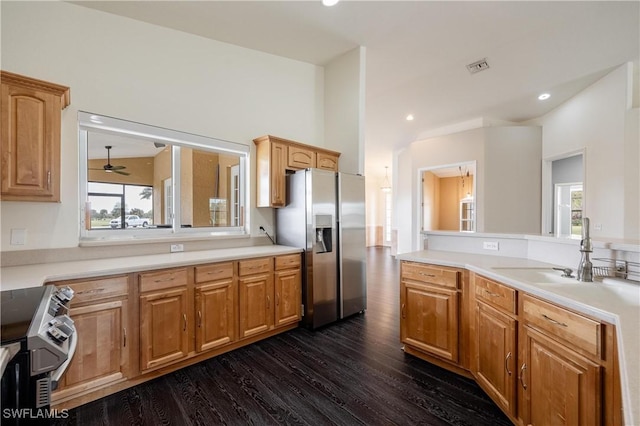 kitchen featuring a healthy amount of sunlight, dark hardwood / wood-style flooring, and stainless steel appliances