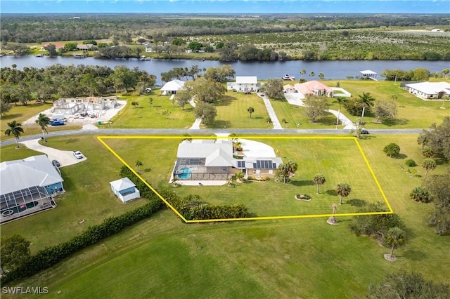 drone / aerial view featuring a water view