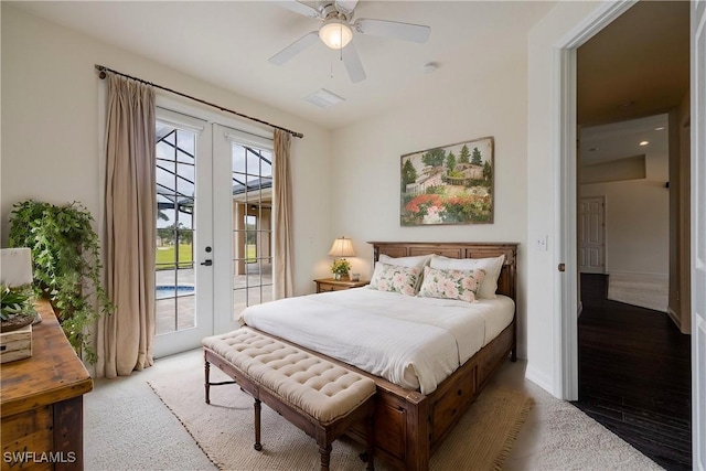 carpeted bedroom with ceiling fan, access to exterior, and french doors