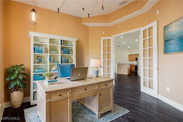 office featuring french doors and dark wood-type flooring