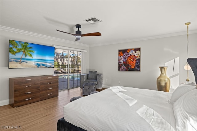 bedroom with access to exterior, ornamental molding, ceiling fan, and light wood-type flooring