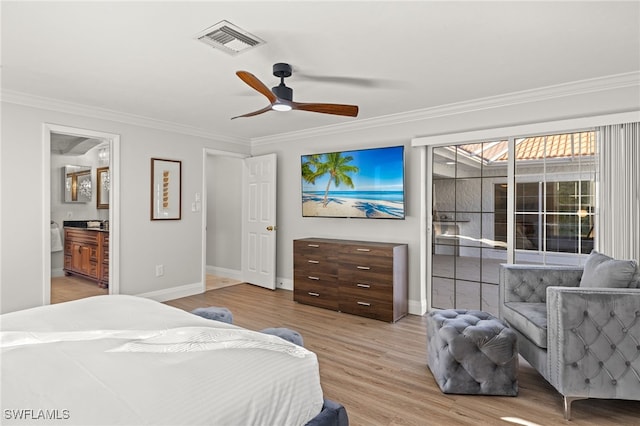 bedroom featuring ornamental molding, connected bathroom, ceiling fan, and light hardwood / wood-style floors