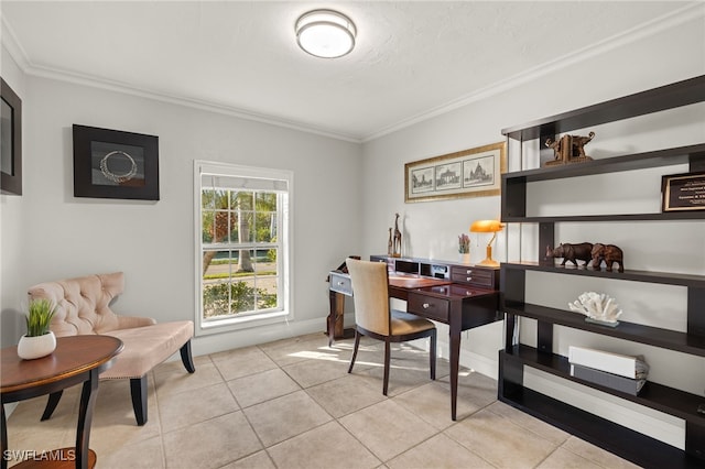 home office with crown molding and light tile patterned flooring